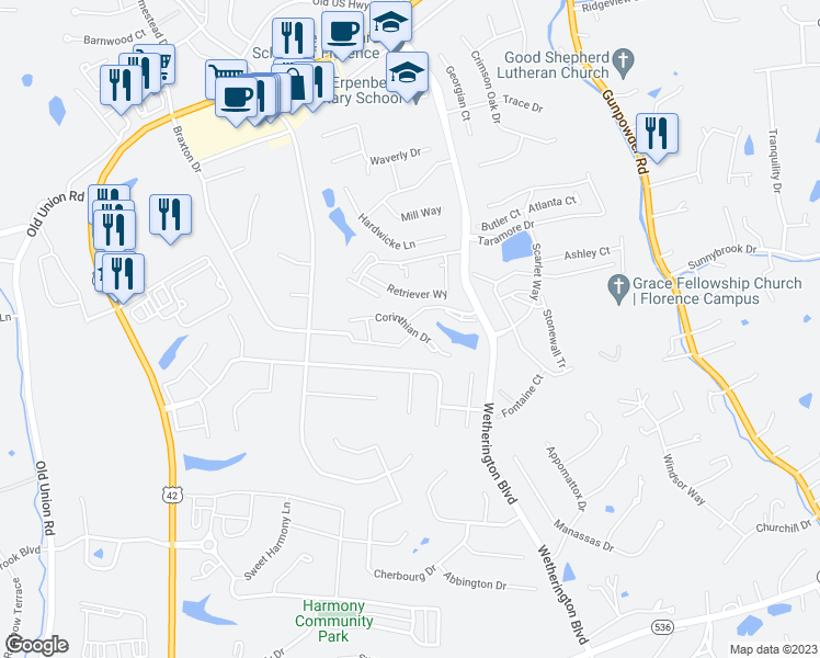map of restaurants, bars, coffee shops, grocery stores, and more near 1614 Corinthian Drive in Florence