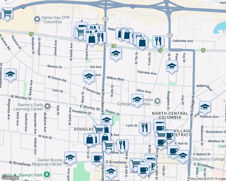 map of restaurants, bars, coffee shops, grocery stores, and more near 702 North 4th Street in Columbia