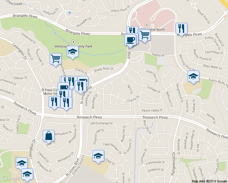 map of restaurants, bars, coffee shops, grocery stores, and more near 3260 Brunswick Drive in Colorado Springs