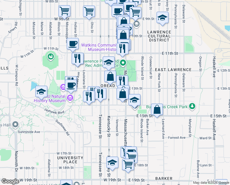 map of restaurants, bars, coffee shops, grocery stores, and more near 1310 Kentucky Street in Lawrence