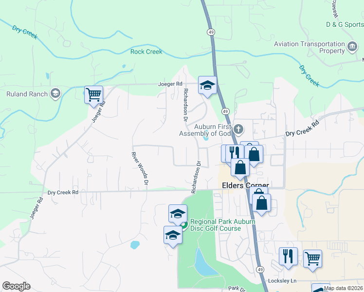 map of restaurants, bars, coffee shops, grocery stores, and more near 4131 Meadow Park Court in Auburn
