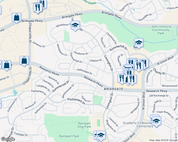 map of restaurants, bars, coffee shops, grocery stores, and more near 2860 Helmsdale Drive in Colorado Springs