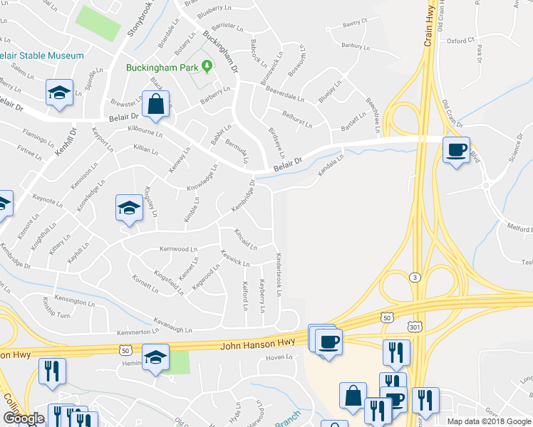 map of restaurants, bars, coffee shops, grocery stores, and more near 2604 Kinderbrook Lane in Bowie