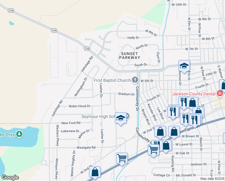 map of restaurants, bars, coffee shops, grocery stores, and more near 566 Stadium Court in Seymour