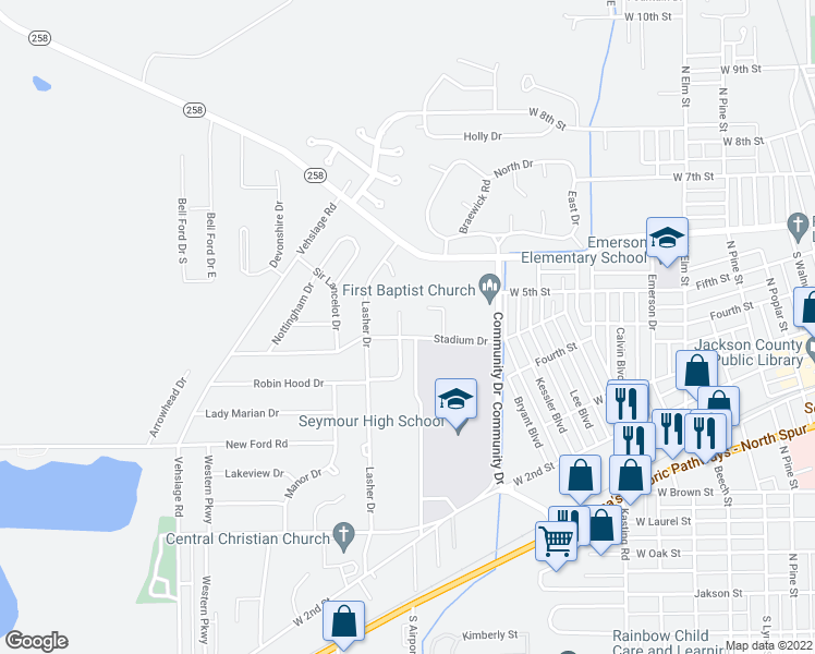map of restaurants, bars, coffee shops, grocery stores, and more near 566 Stadium Ct in Seymour
