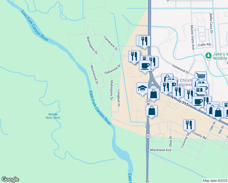 map of restaurants, bars, coffee shops, grocery stores, and more near 862 Mahogany Dr in Minden