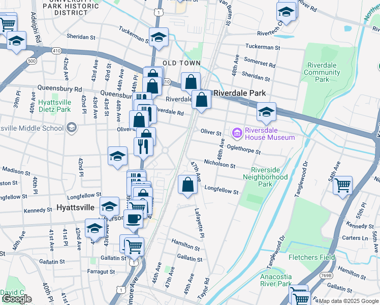map of restaurants, bars, coffee shops, grocery stores, and more near 5905 Lafayette Avenue in Riverdale Park
