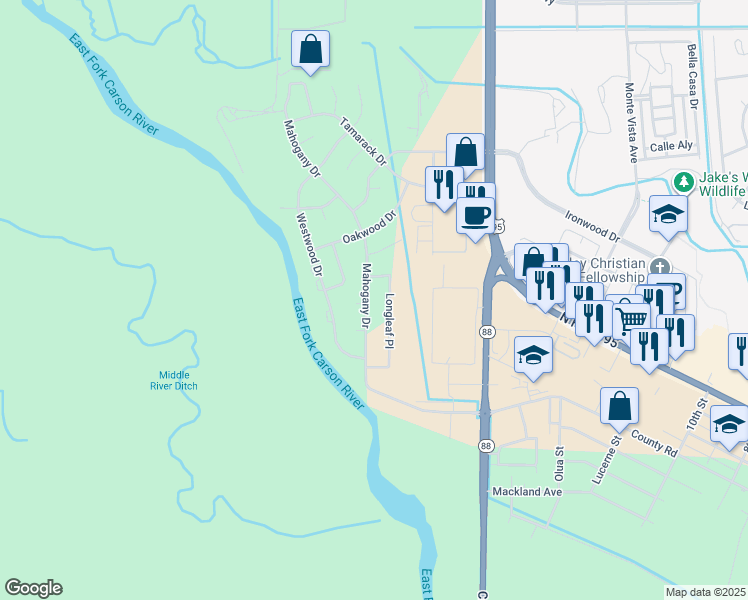 map of restaurants, bars, coffee shops, grocery stores, and more near 862 Mahogany Drive in Minden