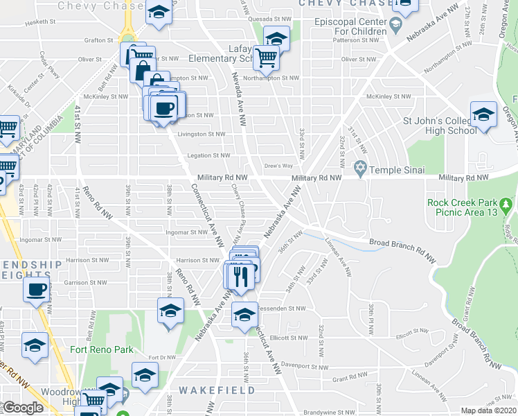 map of restaurants, bars, coffee shops, grocery stores, and more near 3622 Jocelyn Street Northwest in Washington