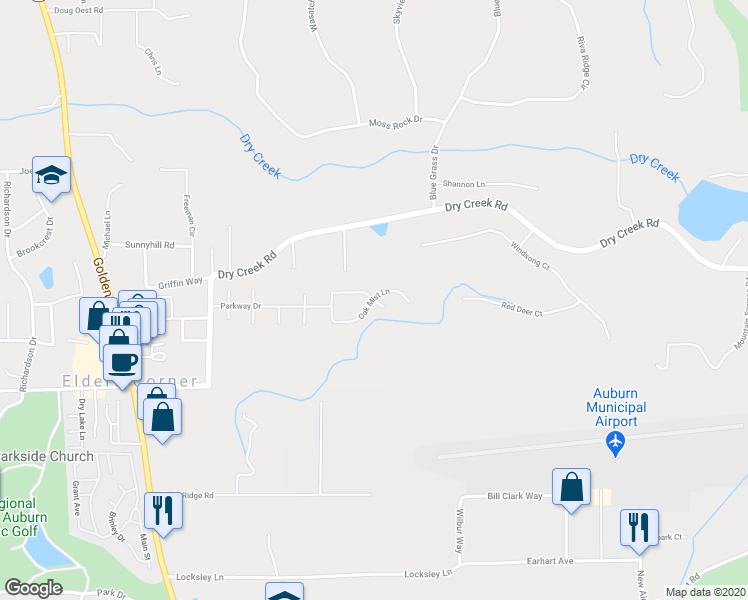 map of restaurants, bars, coffee shops, grocery stores, and more near Oak Mist Lane & Morning Mist Lane in Auburn