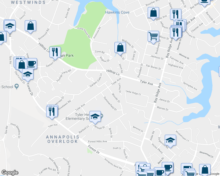 map of restaurants, bars, coffee shops, grocery stores, and more near 1153 Tyler Avenue in Annapolis