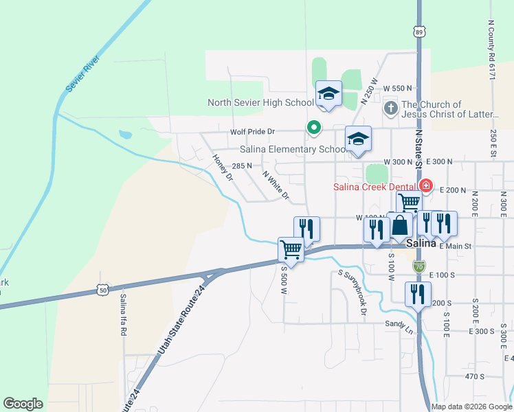 map of restaurants, bars, coffee shops, grocery stores, and more near 583 West 125 North in Salina