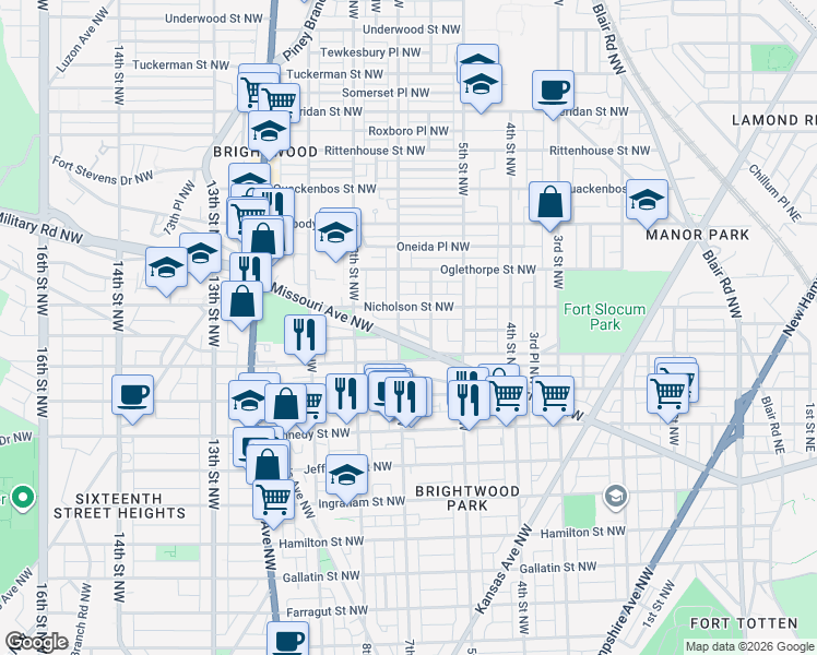 map of restaurants, bars, coffee shops, grocery stores, and more near 619 Missouri Avenue Northwest in Washington