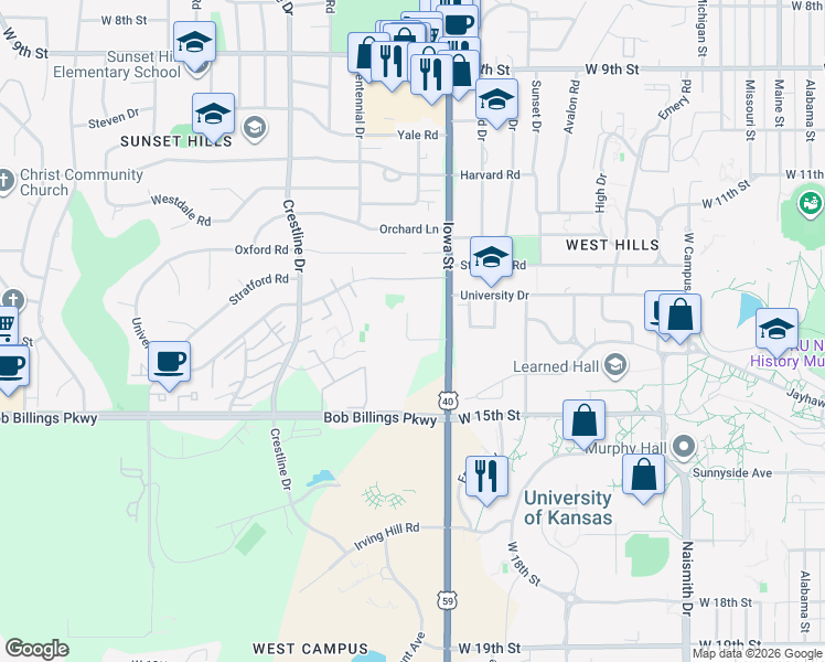 map of restaurants, bars, coffee shops, grocery stores, and more near 2124 Terrace Road in Lawrence