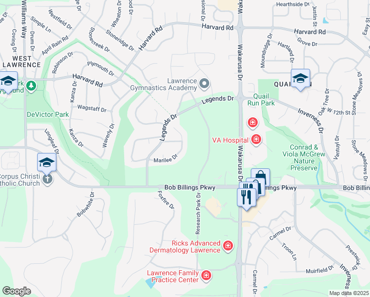 map of restaurants, bars, coffee shops, grocery stores, and more near 1442 Marilee Drive in Lawrence