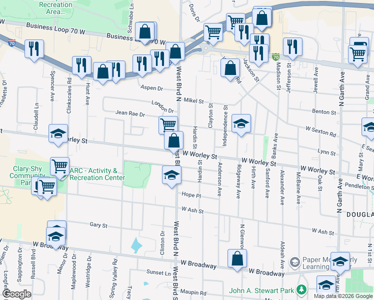 map of restaurants, bars, coffee shops, grocery stores, and more near 905 West Worley Street in Columbia