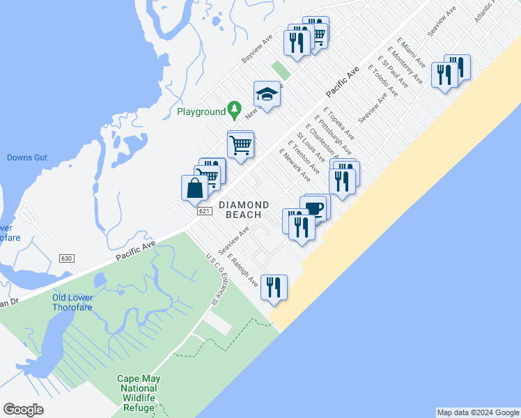 map of restaurants, bars, coffee shops, grocery stores, and more near 229 East Memphis Avenue in Wildwood Crest