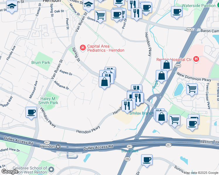 map of restaurants, bars, coffee shops, grocery stores, and more near 354 Victory Drive in Herndon