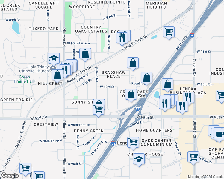 map of restaurants, bars, coffee shops, grocery stores, and more near 12901 West 93rd Street in Lenexa