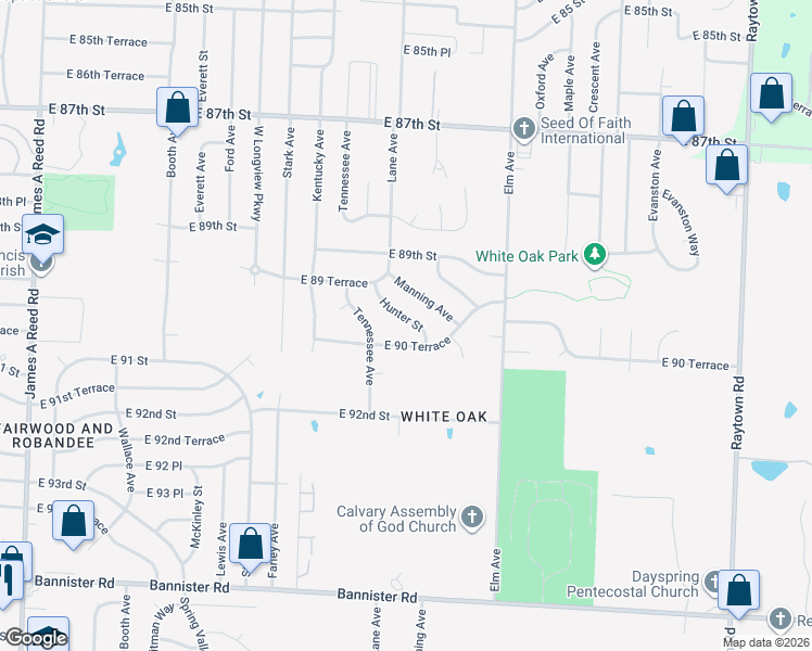 map of restaurants, bars, coffee shops, grocery stores, and more near 9010 Hunter Street in Kansas City