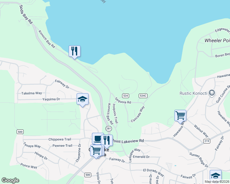 map of restaurants, bars, coffee shops, grocery stores, and more near 9708 Sequoia Road in Kelseyville