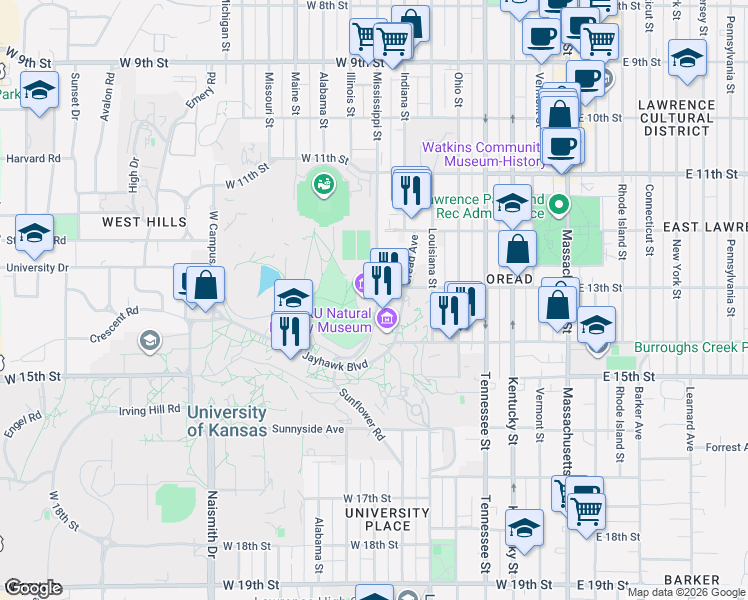 map of restaurants, bars, coffee shops, grocery stores, and more near 1301 Mississippi St in Lawrence
