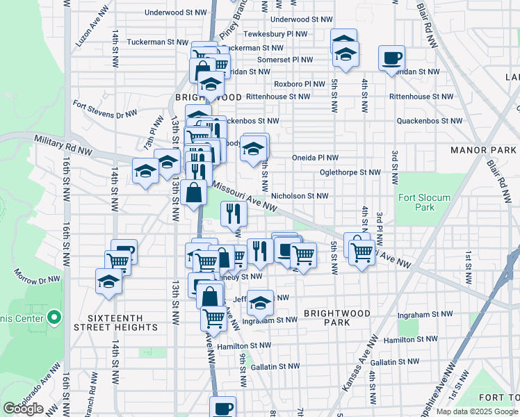 map of restaurants, bars, coffee shops, grocery stores, and more near 5730 8th Street Northwest in Washington