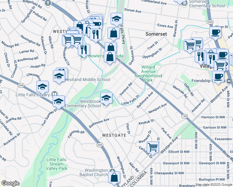 map of restaurants, bars, coffee shops, grocery stores, and more near 5303 Wakefield Road in Bethesda