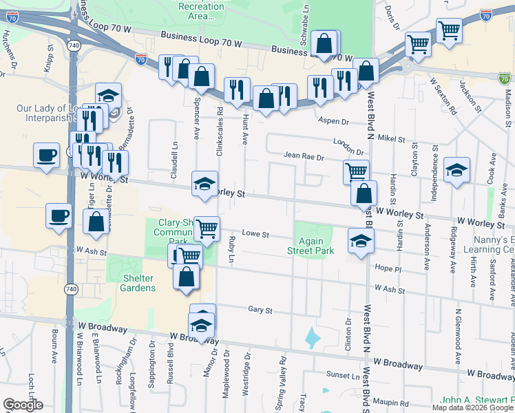 map of restaurants, bars, coffee shops, grocery stores, and more near 1404 West Worley Street in Columbia