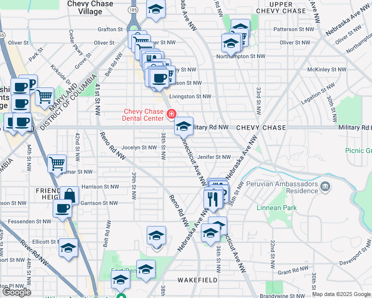 map of restaurants, bars, coffee shops, grocery stores, and more near 5300 Connecticut Avenue Northwest in Washington