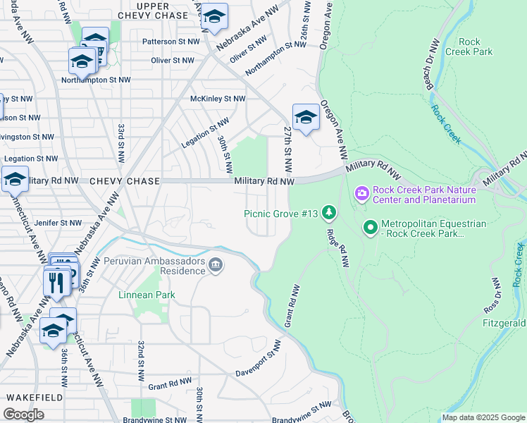 map of restaurants, bars, coffee shops, grocery stores, and more near 5340 28th Street Northwest in Washington
