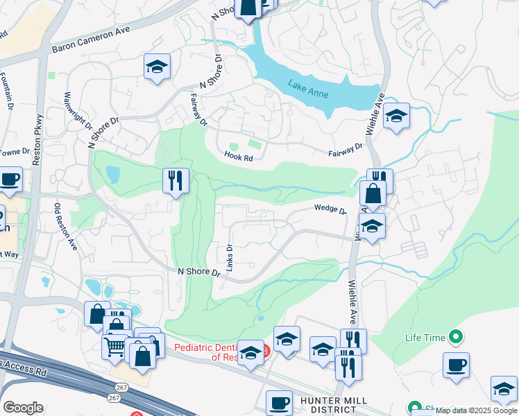 map of restaurants, bars, coffee shops, grocery stores, and more near 11360 Links Drive in Reston