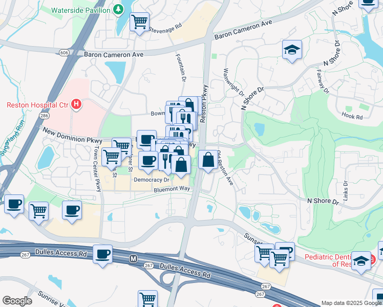 map of restaurants, bars, coffee shops, grocery stores, and more near 11840 Freedom Drive in Reston