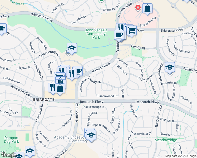 map of restaurants, bars, coffee shops, grocery stores, and more near 3260 Brunswick Drive in Colorado Springs