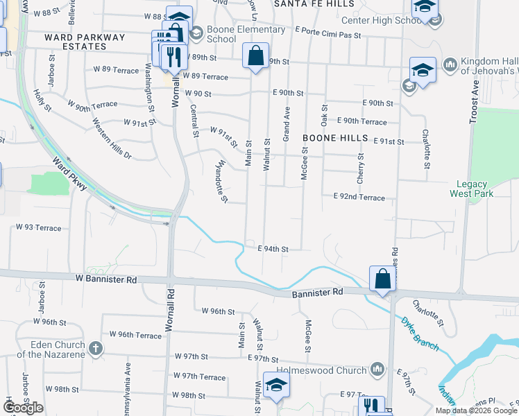 map of restaurants, bars, coffee shops, grocery stores, and more near 9249 Walnut Street in Kansas City