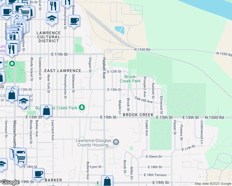 map of restaurants, bars, coffee shops, grocery stores, and more near 1121 East 13th Street in Lawrence