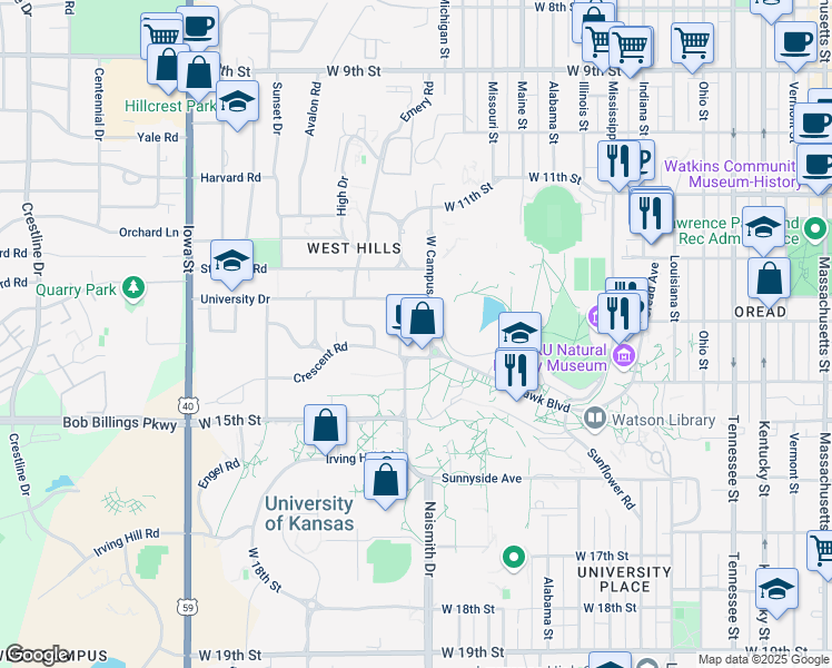 map of restaurants, bars, coffee shops, grocery stores, and more near 1339 West Campus Road in Lawrence