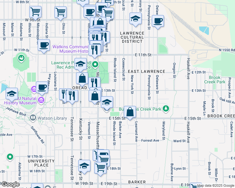 map of restaurants, bars, coffee shops, grocery stores, and more near 1308 Rhode Island Street in Lawrence