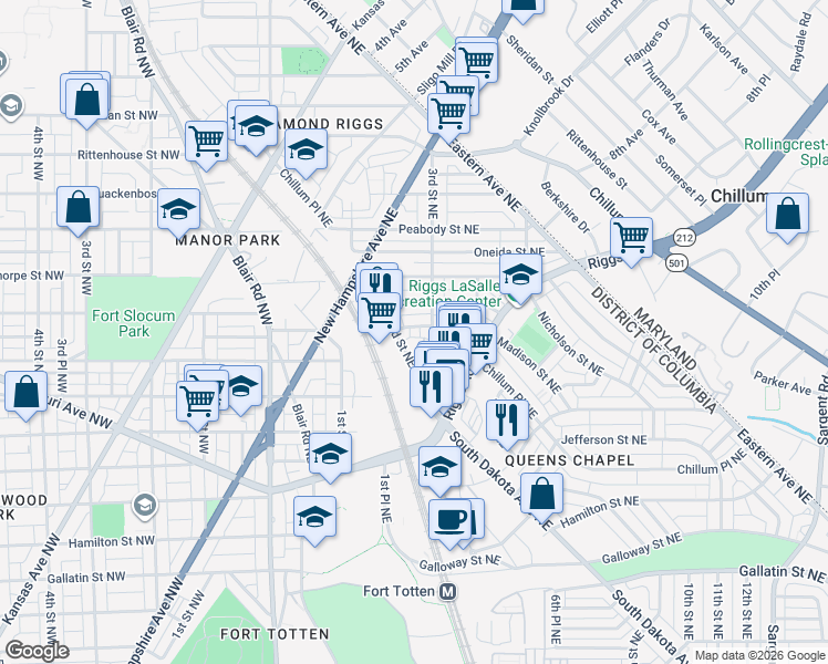 map of restaurants, bars, coffee shops, grocery stores, and more near 101 Independence Avenue Southeast in Washington