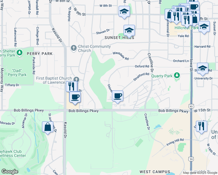 map of restaurants, bars, coffee shops, grocery stores, and more near 3023 University Drive in Lawrence