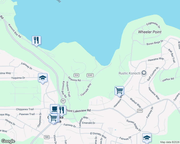 map of restaurants, bars, coffee shops, grocery stores, and more near 4645 Kaweah Road in Kelseyville