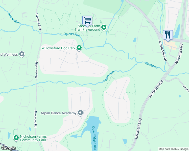 map of restaurants, bars, coffee shops, grocery stores, and more near 41769 Ivy Glen Court in Ashburn