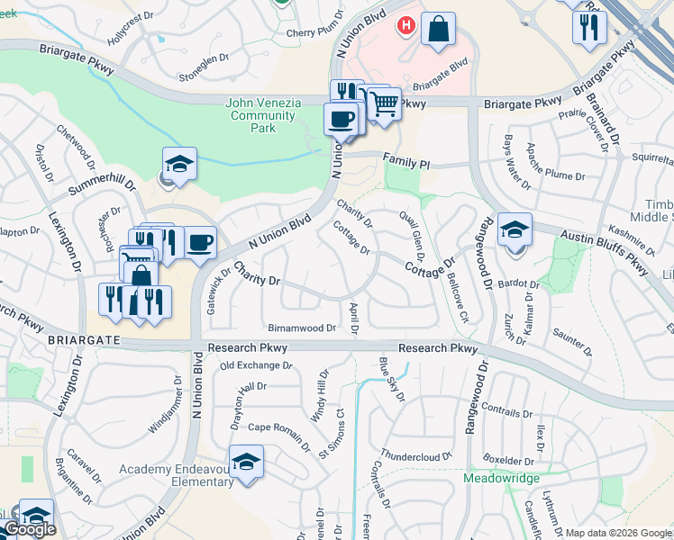map of restaurants, bars, coffee shops, grocery stores, and more near 8770 April Drive in Colorado Springs