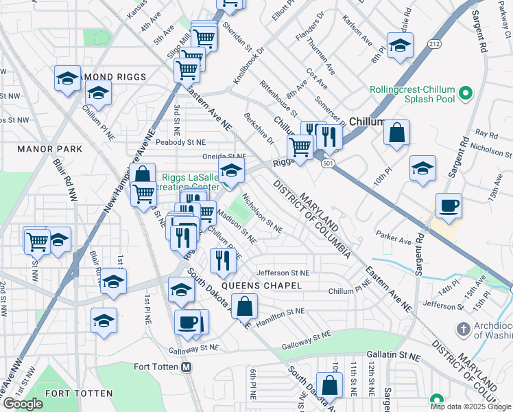 map of restaurants, bars, coffee shops, grocery stores, and more near 588 Nicholson Street Northeast in Washington