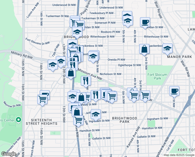 map of restaurants, bars, coffee shops, grocery stores, and more near 8th Street Northwest in Washington