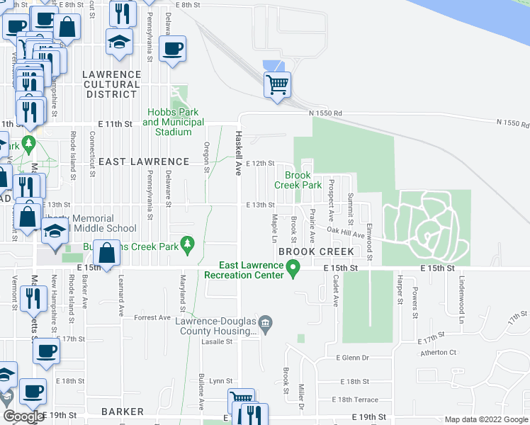 map of restaurants, bars, coffee shops, grocery stores, and more near 1121 East 13th Street in Lawrence