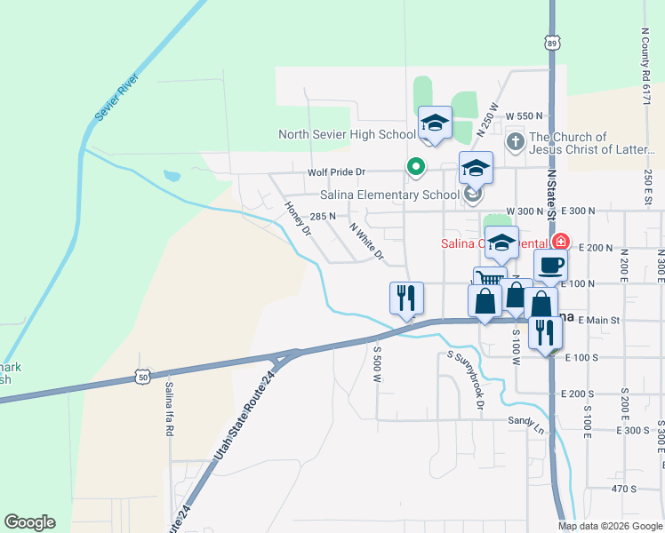 map of restaurants, bars, coffee shops, grocery stores, and more near 583 West 125 North in Salina
