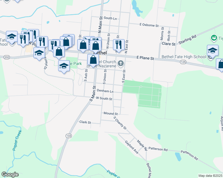 map of restaurants, bars, coffee shops, grocery stores, and more near 315 South Charity Street in Bethel