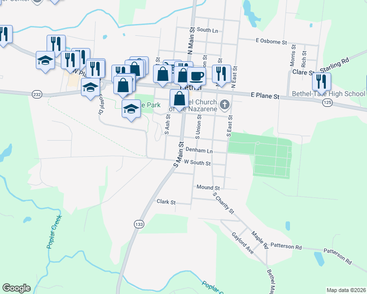 map of restaurants, bars, coffee shops, grocery stores, and more near 318 South Main Street in Bethel