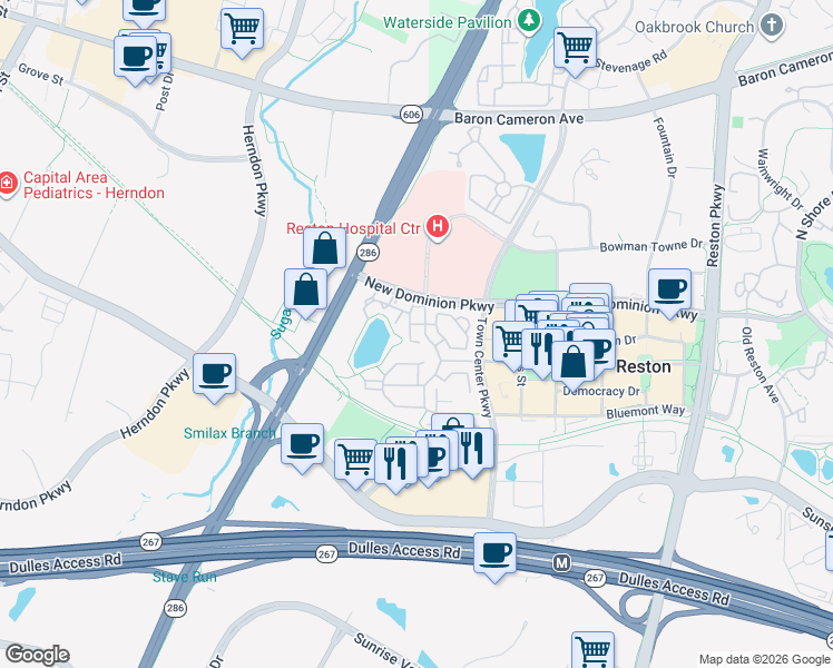 map of restaurants, bars, coffee shops, grocery stores, and more near 12160 Abington Hall Place in Reston